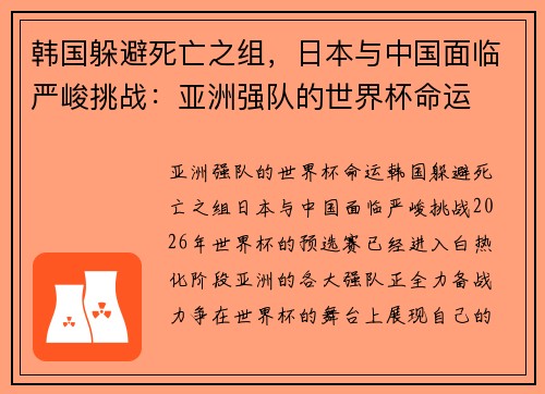 韩国躲避死亡之组,日本与中国面临严峻挑战:亚洲强队的世界杯命运